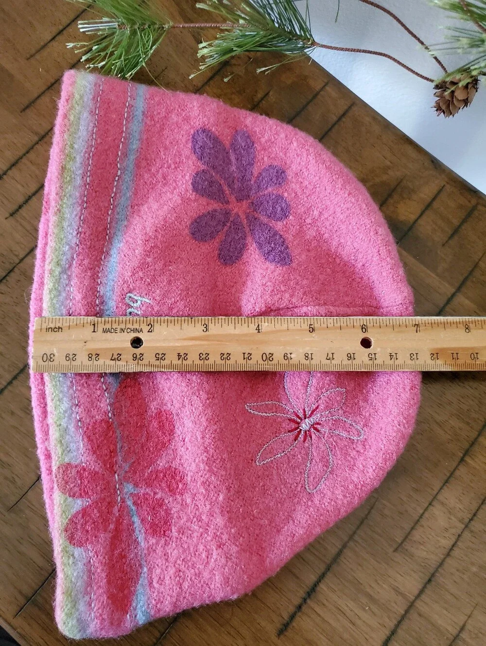Bula Vintage Wool Exterior Fleece Lined Pink Flower Beanie Hat